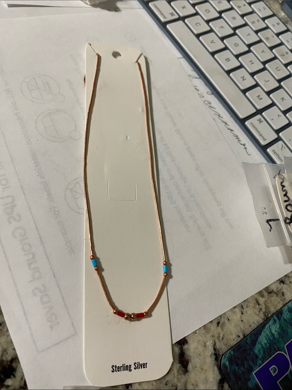 Sterling Silver Rose Gold Bead Necklace with Red and Turquoise Accents